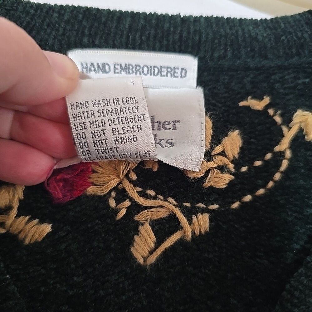 Vintage Fall Cardigan Sweater L Green Chenille Embroidered Zip Christopher Banks - Picture 6 of 9